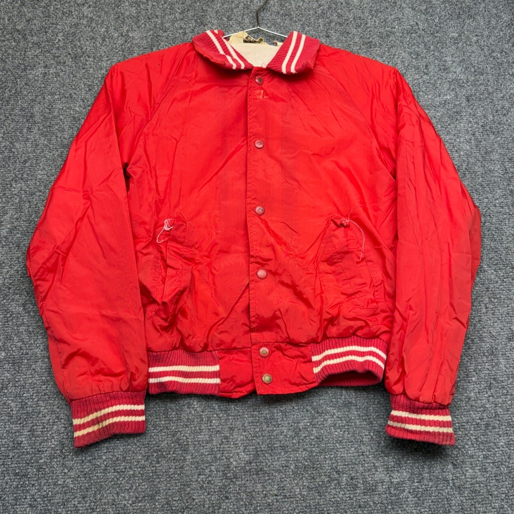 Vintage Red Nylon Varsity Bomber Jacket Striped Trim Mens Small RN